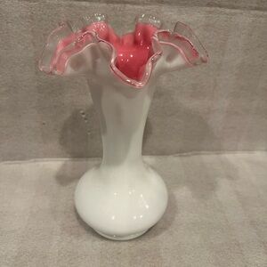 Vintage Fenton Milk Glass Peach Blow Silver Crest Vase 8"